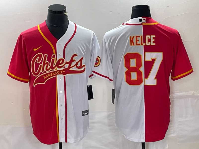 Mens Kansas City Chiefs #87 Travis Kelce Red White Two Tone Cool Base Stitched Baseball Jersey